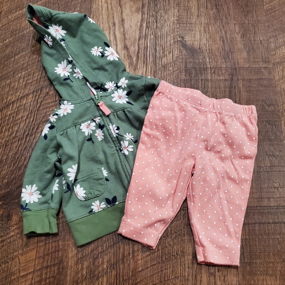 Carters Baby Girl Matching Set Floral Zip Up Sweatshirt Polka Dot Leggings 3M
